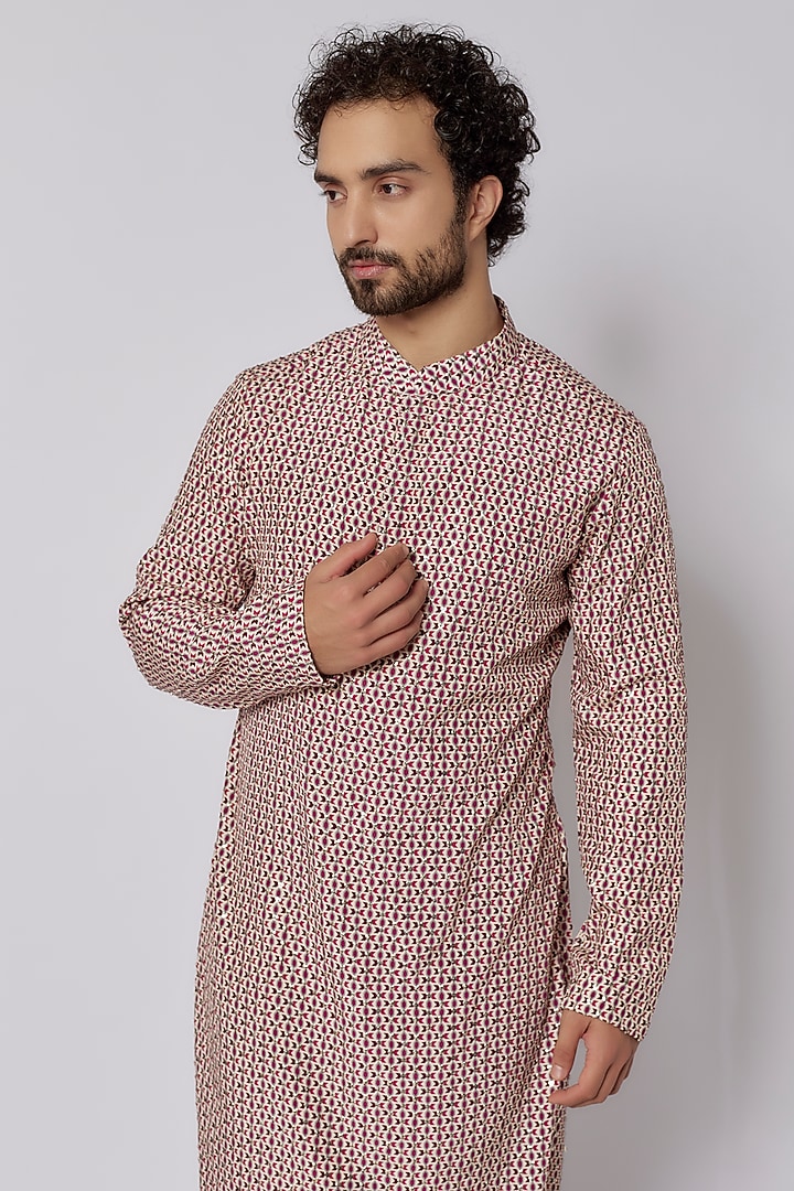 Merlot Crepe Printed & Embellished Kurta Set by SVA BY SONAM & PARAS MODI Men at Pernia's Pop Up Shop