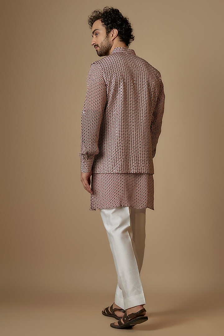 Merlot Crepe Geometric Printed Bundi Jacket by Sva By Sonam & Paras Modi Men at Pernia's Pop Up Shop