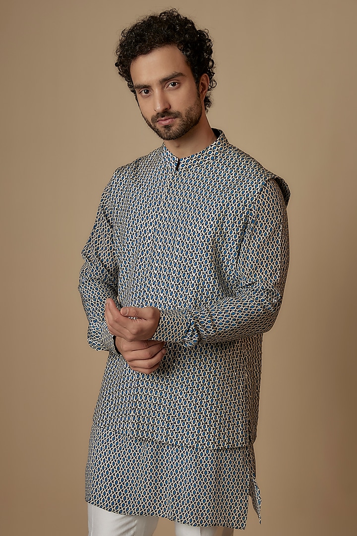 Blue Crepe Geometric Printed & Embellished Bundi Jacket by Sva By Sonam & Paras Modi Men