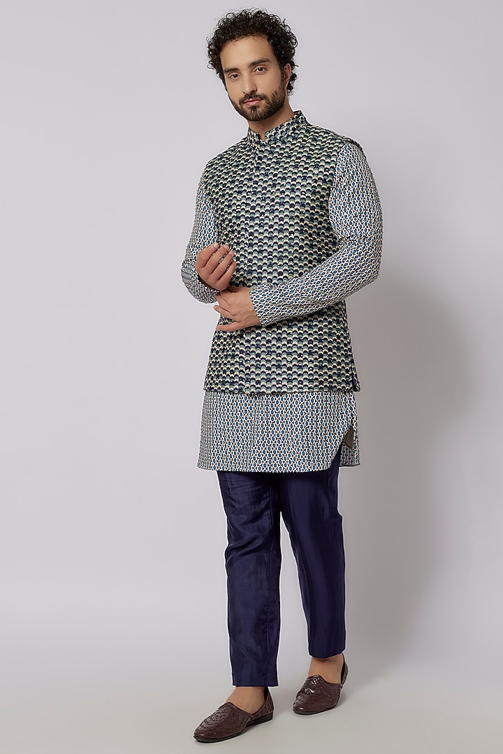 Blue Silk Embellished Bundi Jacket by SVA BY SONAM & PARAS MODI Men at Pernia's Pop Up Shop