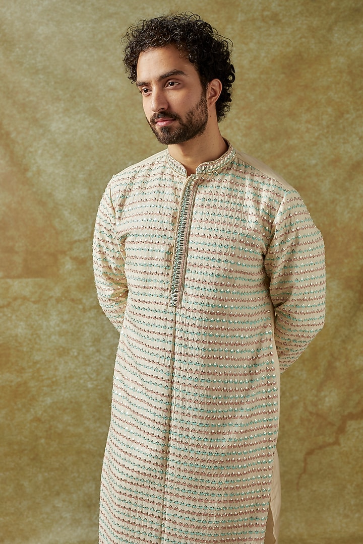 Ivory Crepe Sequins Embroidered Kurta Set by SVA BY SONAM & PARAS MODI Men at Pernia's Pop Up Shop