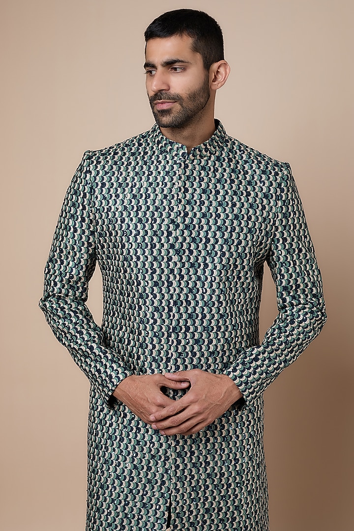 Multi-Colored Silk Embellished Groom Sherwani Set by SVA BY SONAM & PARAS MODI Men at Pernia's Pop Up Shop