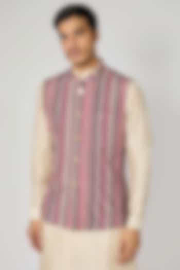 Multi-Colored Crepe Striped Printed Bundi Jacket by Sva By Sonam & Paras Modi Men