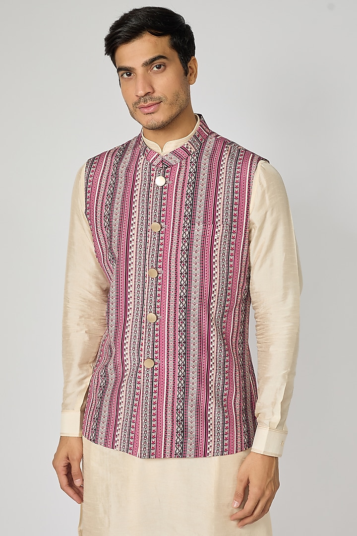 Multi-Colored Crepe Striped Printed Bundi Jacket by Sva By Sonam & Paras Modi Men