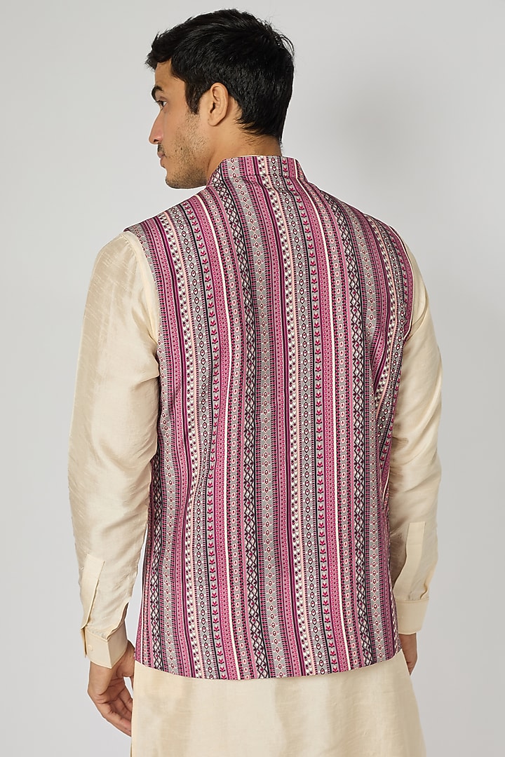 Multi-Colored Crepe Striped Printed Bundi Jacket by Sva By Sonam & Paras Modi Men at Pernia's Pop Up Shop