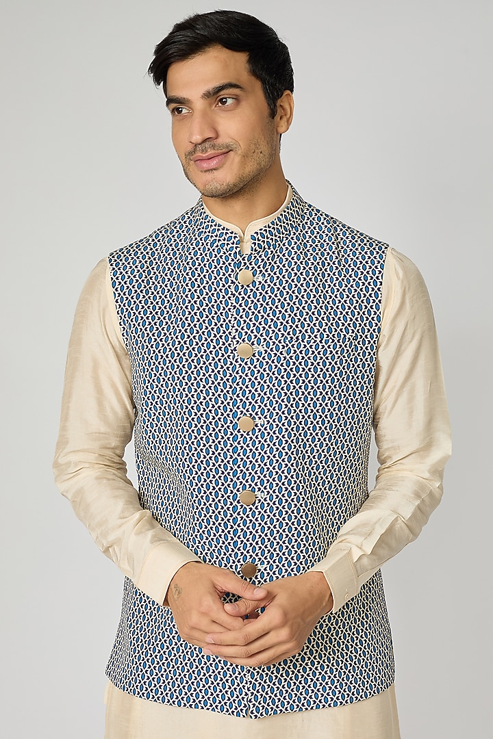 Blue Crepe Geometric Printed Bundi Jacket by Sva By Sonam & Paras Modi Men