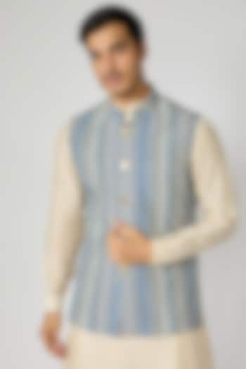 Blue Crepe Geometric Printed Bundi Jacket by Sva By Sonam & Paras Modi Men