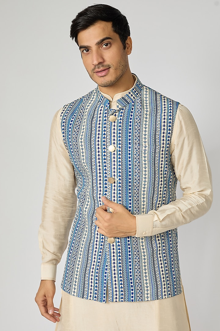 Blue Crepe Geometric Printed Bundi Jacket by Sva By Sonam & Paras Modi Men