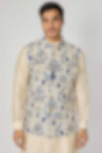 Safar Blue Crepe Jaal Printed Bundi Jacket by Sva By Sonam & Paras Modi Men