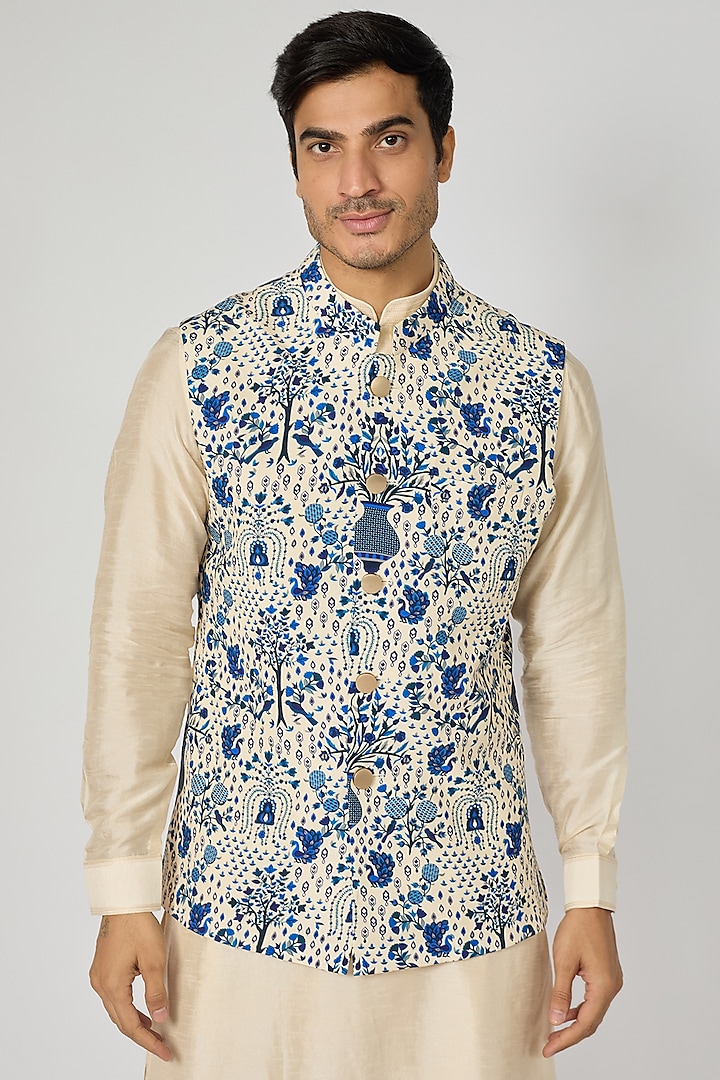 Safar Blue Crepe Jaal Printed Bundi Jacket by Sva By Sonam & Paras Modi Men