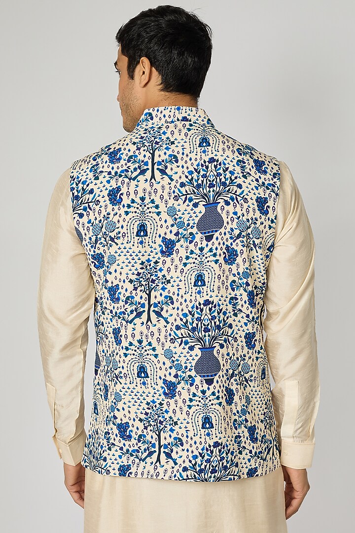 Safar Blue Crepe Jaal Printed Bundi Jacket by Sva By Sonam & Paras Modi Men at Pernia's Pop Up Shop