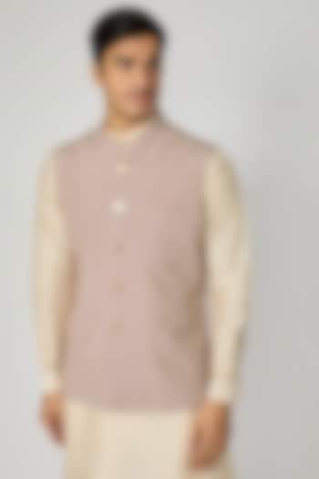 Merlot Crepe Geometric Jaal Printed Bundi Jacket by Sva By Sonam & Paras Modi Men
