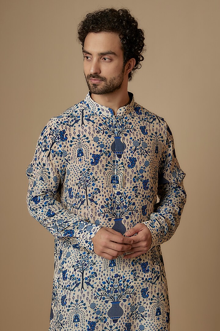 Blue Crepe Jaal Printed Kurta by Sva By Sonam & Paras Modi Men at Pernia's Pop Up Shop