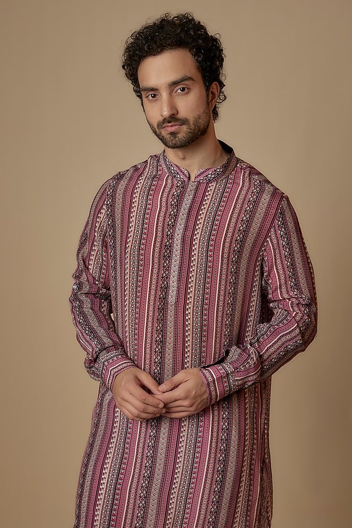 Merlot Crepe Stripe Printed Kurta by Sva By Sonam & Paras Modi Men at Pernia's Pop Up Shop