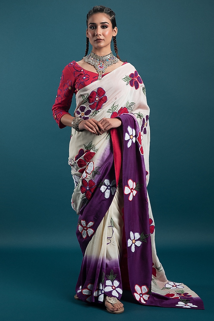 Off-White Cotton Silk 3D Floral Motif Embroidered Wedding Saree Set by SVASTIH at Pernia's Pop Up Shop
