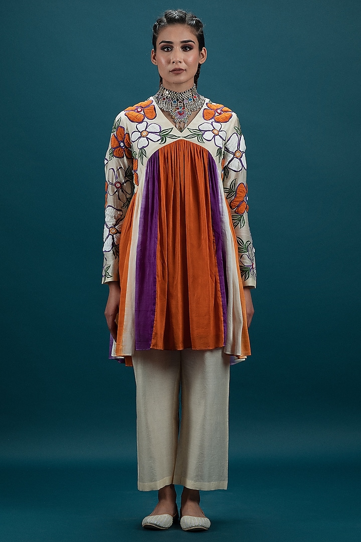 Saffron Cotton Silk 3D Floral Embroidered Gathered Tunic Set by SVASTIH at Pernia's Pop Up Shop