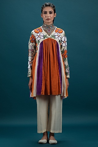 Saffron Cotton Silk 3D Floral Embroidered Gathered Tunic Set by SVASTIH