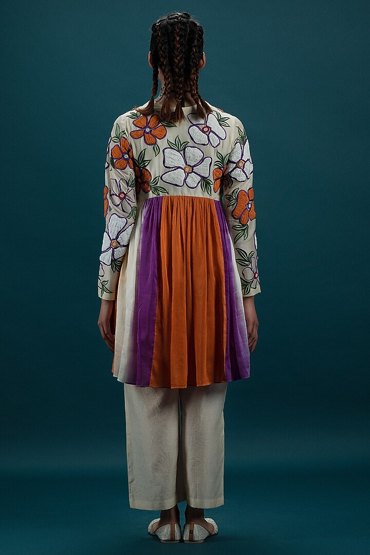 Saffron Cotton Silk 3D Floral Embroidered Gathered Tunic Set by SVASTIH at Pernia's Pop Up Shop