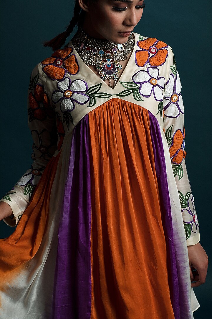 Saffron Cotton Silk 3D Floral Embroidered Gathered Tunic Set by SVASTIH at Pernia's Pop Up Shop