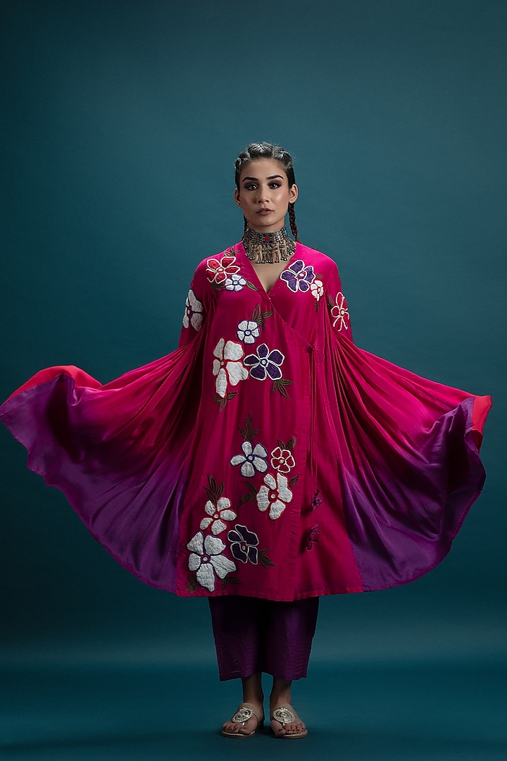 Magenta Ombre Cotton Silk 3D Floral Motif Embroidered Tunic Set by SVASTIH at Pernia's Pop Up Shop