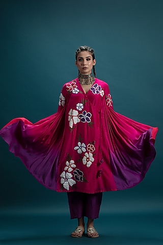 Magenta Ombre Cotton Silk 3D Floral Motif Embroidered Tunic Set by SVASTIH