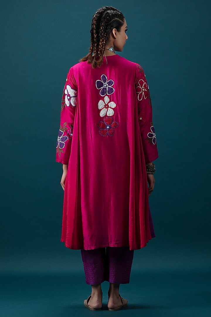 Magenta Ombre Cotton Silk 3D Floral Motif Embroidered Tunic Set by SVASTIH at Pernia's Pop Up Shop
