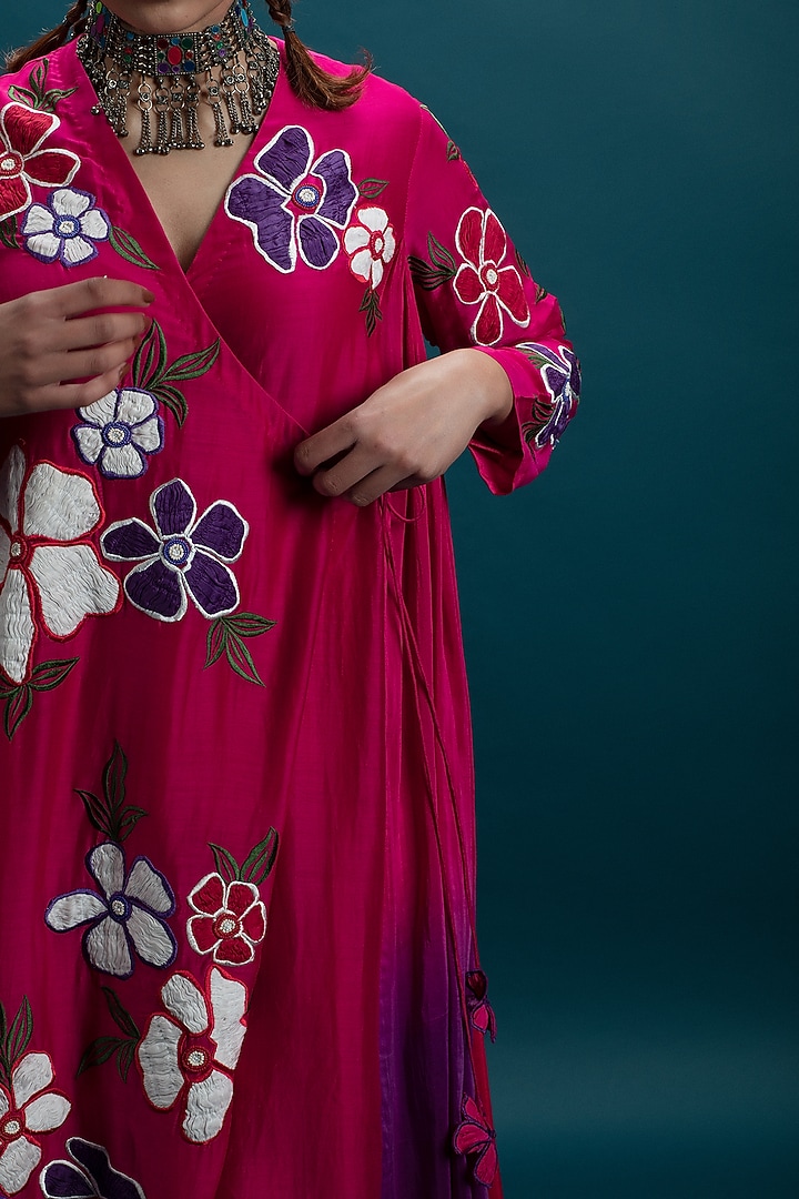 Magenta Ombre Cotton Silk 3D Floral Motif Embroidered Tunic Set by SVASTIH at Pernia's Pop Up Shop