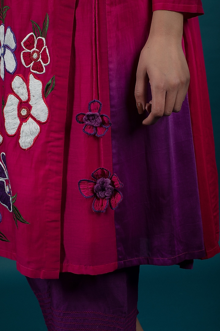 Magenta Ombre Cotton Silk 3D Floral Motif Embroidered Tunic Set by SVASTIH at Pernia's Pop Up Shop