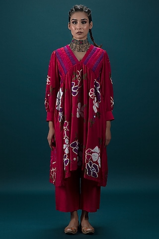 Red Cotton Silk 3D Floral Motif Embroidered Tunic Set by SVASTIH
