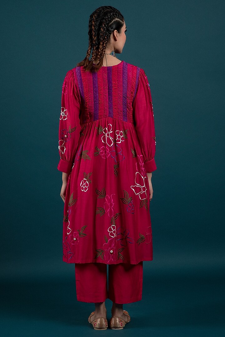 Red Cotton Silk 3D Floral Motif Embroidered Tunic Set by SVASTIH at Pernia's Pop Up Shop