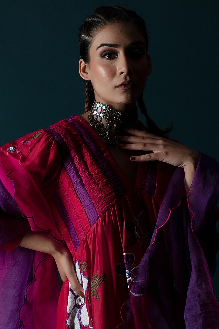 Red Cotton Silk 3D Floral Motif Embroidered Tunic Set by SVASTIH at Pernia's Pop Up Shop