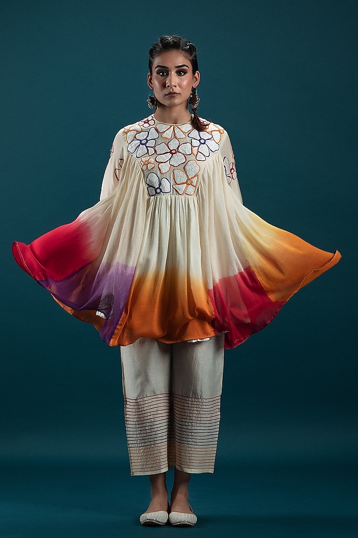 Off-White & Multi-Colored Ombre Cotton Silk Applique Embroidered Tunic Set by SVASTIH at Pernia's Pop Up Shop