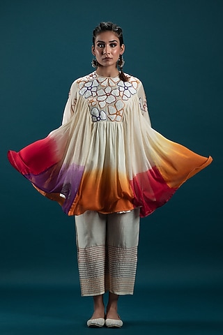 Off-White & Multi-Colored Ombre Cotton Silk Applique Embroidered Tunic Set by SVASTIH