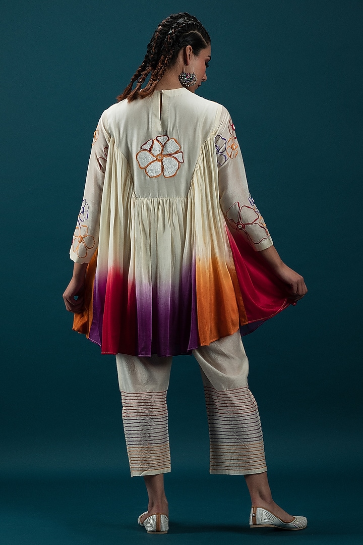 Off-White & Multi-Colored Ombre Cotton Silk Applique Embroidered Tunic Set by SVASTIH at Pernia's Pop Up Shop