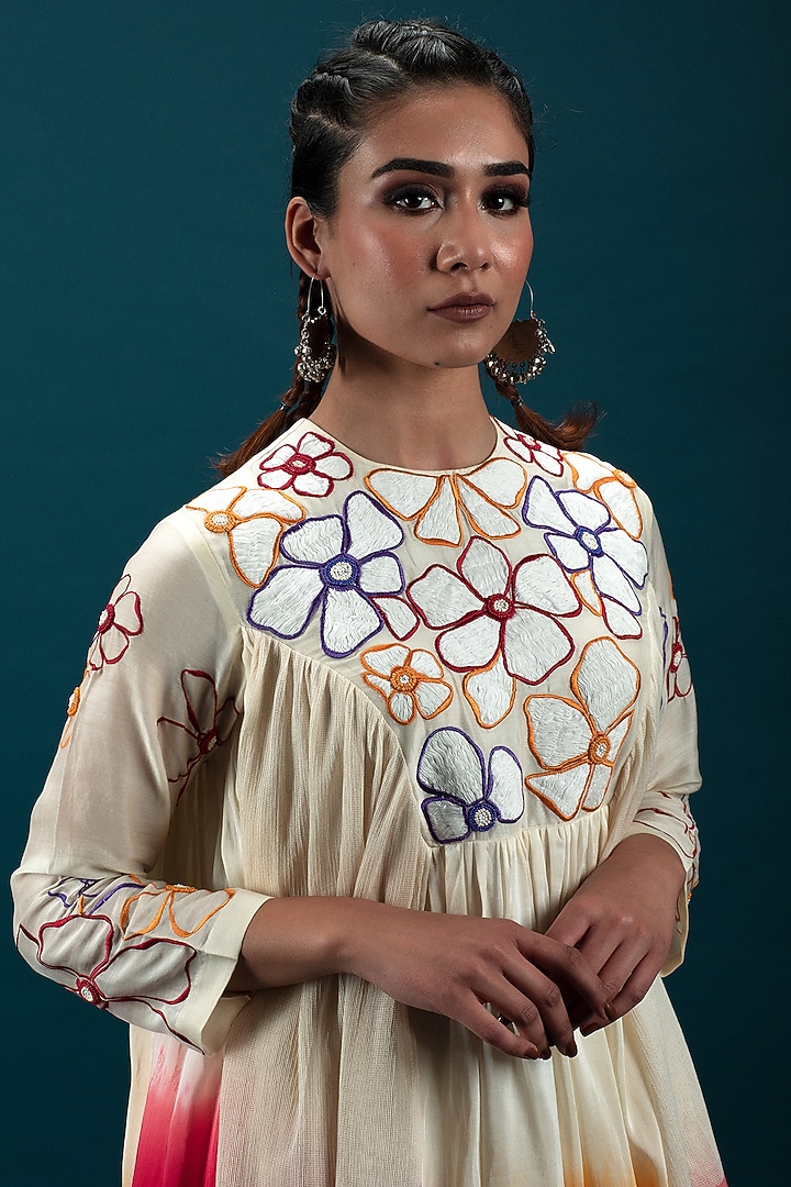 Off-White & Multi-Colored Ombre Cotton Silk Applique Embroidered Tunic Set by SVASTIH at Pernia's Pop Up Shop