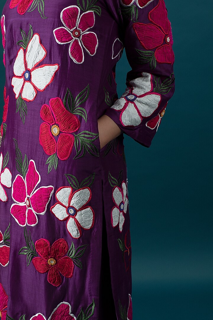 Purple Silk Chanderi 3D Floral Embroidered One-Shoulder Kurta Set by SVASTIH at Pernia's Pop Up Shop