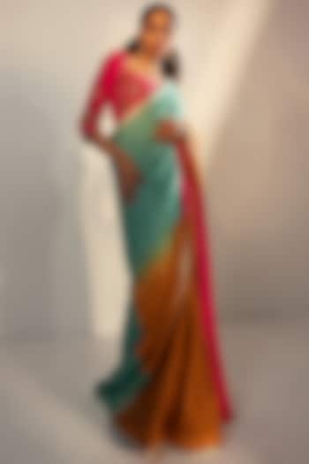 Teal & Mustard Ombre Modal Satin Saree Set by SVASTIH at Pernia's Pop Up Shop