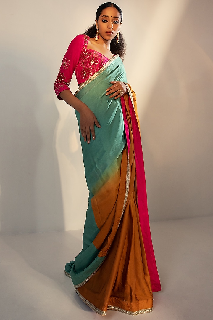 Teal & Mustard Ombre Modal Satin Saree Set by SVASTIH at Pernia's Pop Up Shop