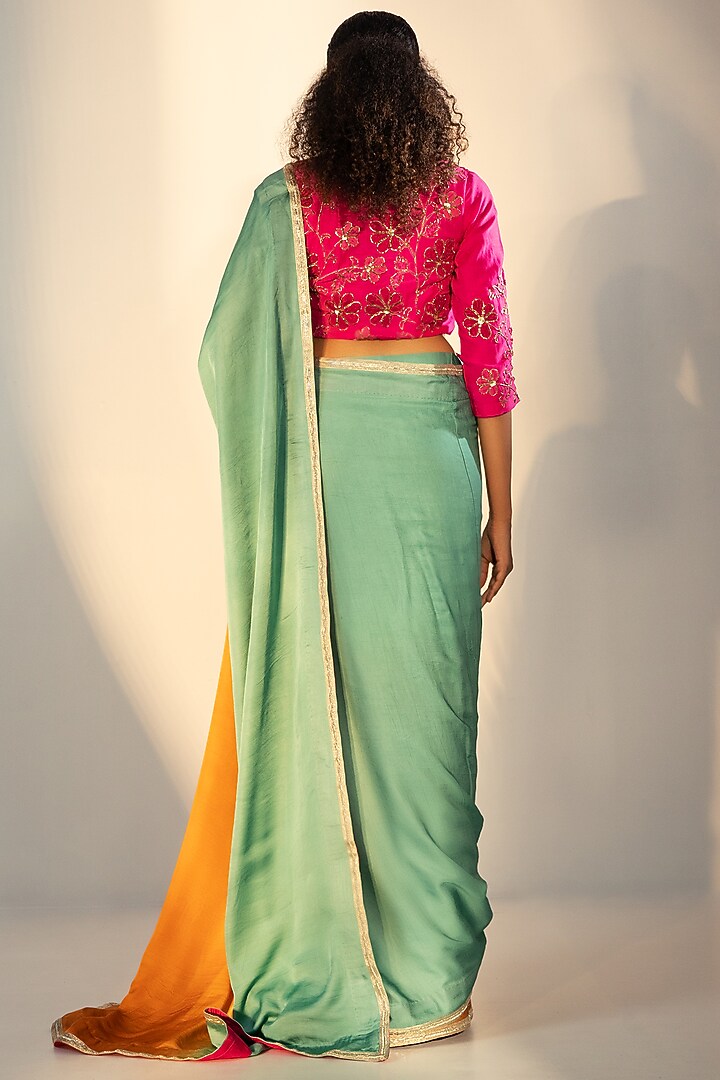 Teal & Mustard Ombre Modal Satin Party Wear Saree Set by SVASTIH at Pernia's Pop Up Shop