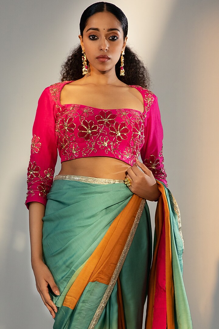 Teal & Mustard Ombre Modal Satin Party Wear Saree Set by SVASTIH at Pernia's Pop Up Shop