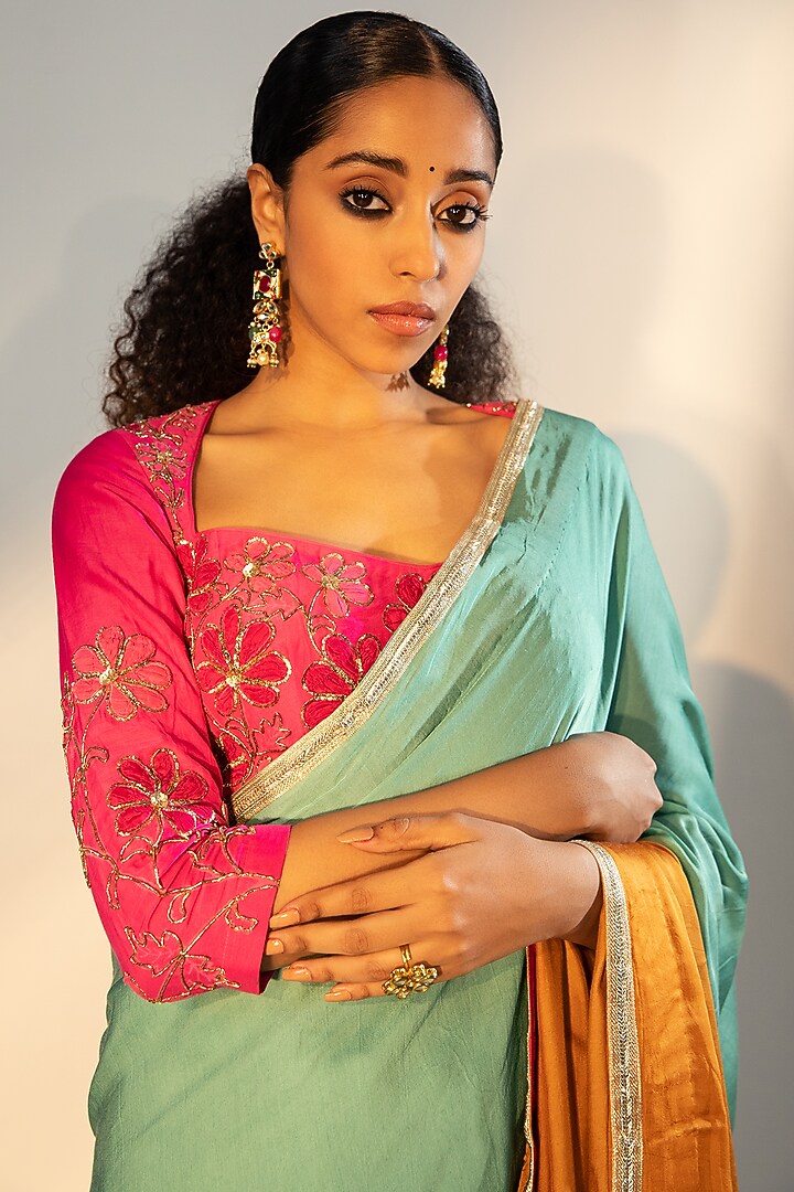 Teal & Mustard Ombre Modal Satin Party Wear Saree Set by SVASTIH at Pernia's Pop Up Shop