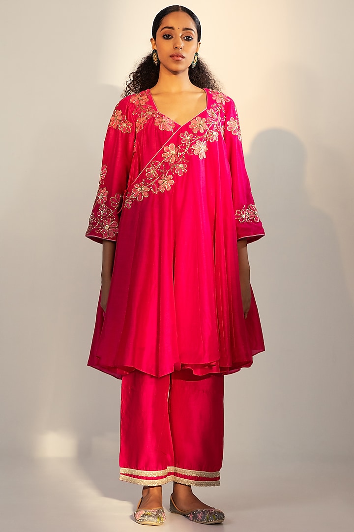 Magenta Cotton Silk Embroidered Anarkali Set by SVASTIH at Pernia's Pop Up Shop