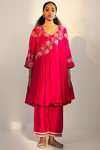 Magenta Cotton Silk Embroidered Anarkali Set by SVASTIH