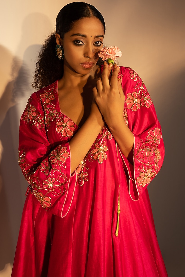 Magenta Cotton Silk Embroidered Party Wear Anarkali Set by SVASTIH at Pernia's Pop Up Shop