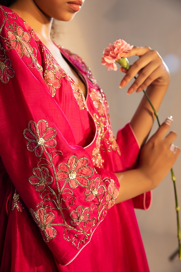 Magenta Cotton Silk Embroidered Party Wear Anarkali Set by SVASTIH at Pernia's Pop Up Shop