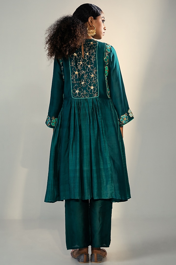 Teal Cotton Silk Embroidered Tunic Set by SVASTIH at Pernia's Pop Up Shop