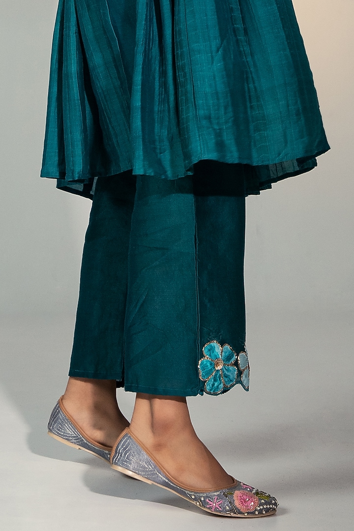 Teal Cotton Silk Embroidered Tunic Set by SVASTIH at Pernia's Pop Up Shop