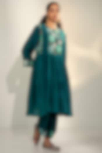 Teal Cotton Silk Embroidered Tunic Set by SVASTIH at Pernia's Pop Up Shop