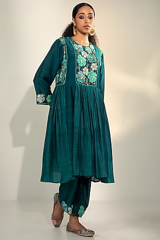Teal Cotton Silk Embroidered Tunic Set by SVASTIH