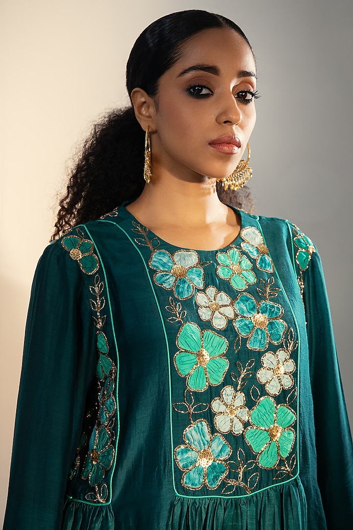 Teal Cotton Silk Embroidered Tunic Set by SVASTIH at Pernia's Pop Up Shop